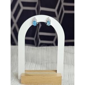 925 Sterling Silver Blue Topaz & CZ Stud Earrings Signed HMI